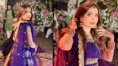 Photos of Saboor Aly in a beautiful purple lehnga choli go viral.